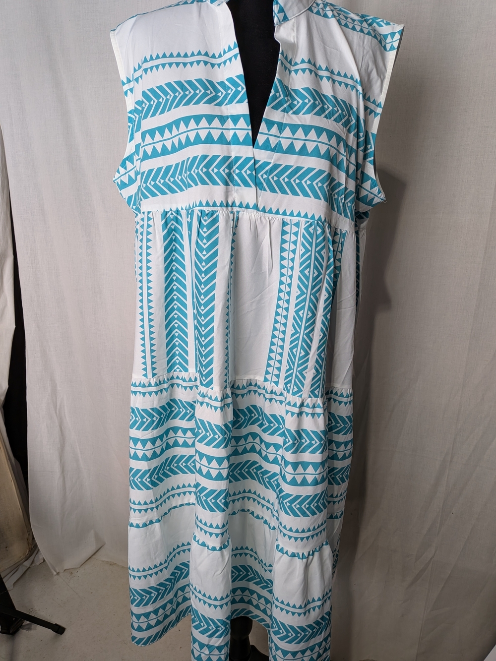 Sleeveless White & Turquoise Geo Midi Dress